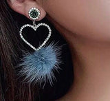 Pink Crystal Heart Earrings. Asymmetry Dangle Earrings White Fur Ball Rhinestone Drop Earrings for Women Jewelry Gift