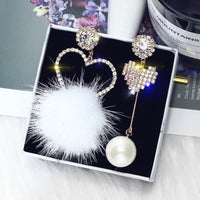 Pink Crystal Heart Earrings. Asymmetry Dangle Earrings White Fur Ball Rhinestone Drop Earrings for Women Jewelry Gift