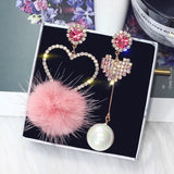 Pink Crystal Heart Earrings. Asymmetry Dangle Earrings White Fur Ball Rhinestone Drop Earrings for Women Jewelry Gift