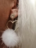 Pink Crystal Heart Earrings. Asymmetry Dangle Earrings White Fur Ball Rhinestone Drop Earrings for Women Jewelry Gift