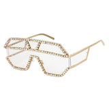 Gold Clear Rhinestone Sunglasses, Fashion Sunshades, Women Sunglasses, Unisex frames, Oversized Lenses, Trendy Sunnies,