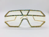 Gold Clear Rhinestone Sunglasses, Fashion Sunshades, Women Sunglasses, Unisex frames, Oversized Lenses, Trendy Sunnies,