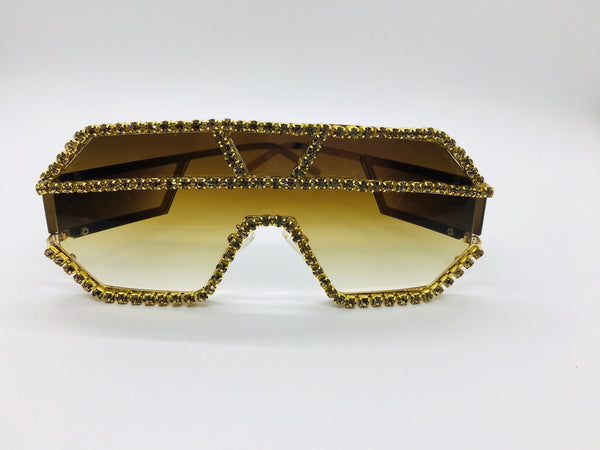 Rhinestone Sunglasses, Fashion Sunshades, Women Sunglasses, Unisex frames, Brown Gold Gradient Oversized Lenses.