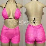 Neon Pink Custom Made Two Piece Exotic Dancewear for Strippers String Bikini Shorts Dance Costume for Gogo Dancer