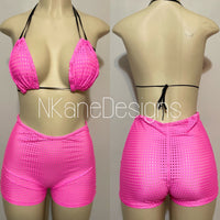 Neon Pink Custom Made Two Piece Exotic Dancewear for Strippers String Bikini Shorts Dance Costume for Gogo Dancer