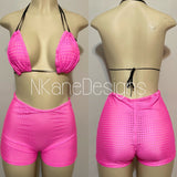 Neon Pink Custom Made Two Piece Exotic Dancewear for Strippers String Bikini Shorts Dance Costume for Gogo Dancer