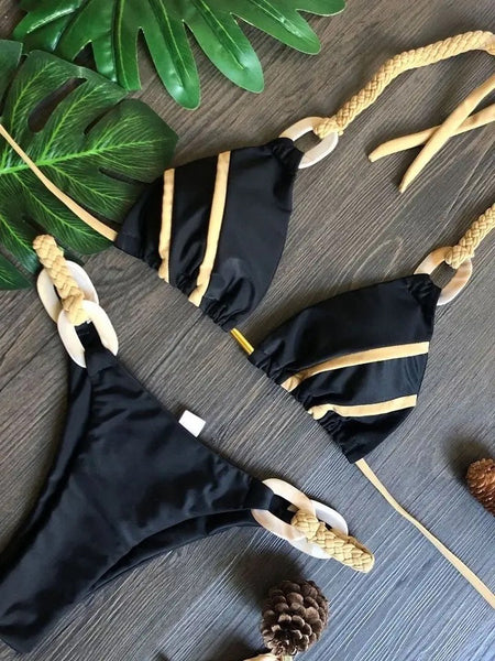 Black Women Thong Bikini Set Swimsuits Bathing Suits Swimwear Two Piece Bikinis Triangle Bandage Female Beachwear Custom Handmade Costumes