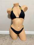 Black Custom Made Two Piece Bra Thong Embellished Swimwear Bikini Swimsuit for Woman. Beach wear handmade Swimsuits